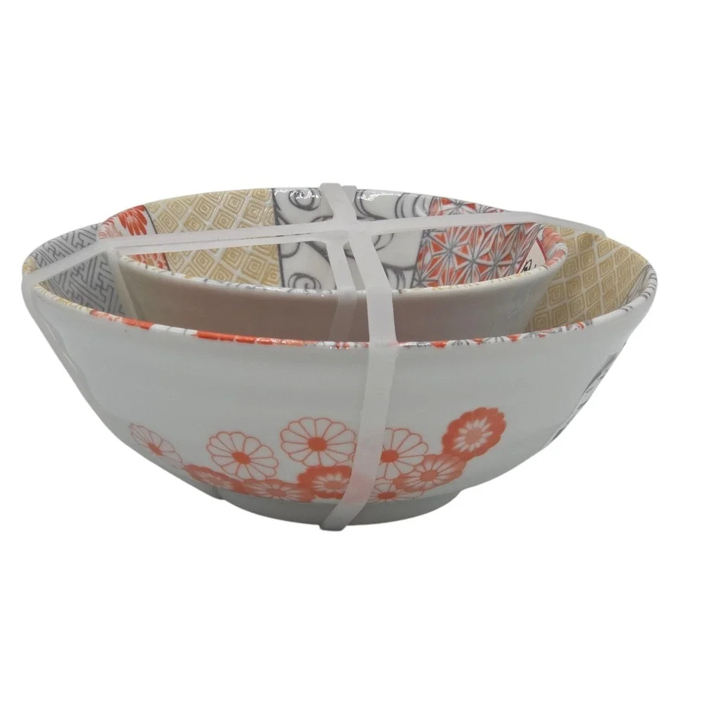 Tono Toki Japanese Ramen Bowl‎ Set Mino Ware Shozui Patchwork Floral Design